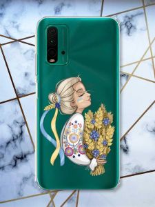Прозорий чохол на Xiaomi Redmi 9T  патріотичний дизайн Українка з колосками принт 173