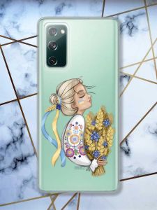 Прозорий чохол на Samsung Galaxy S20 FE патріотичний дизайн Українка з колосками принт 173