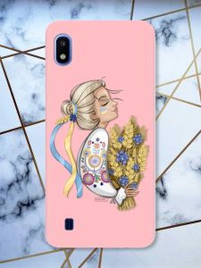 Матовий рожевий чохол на Samsung Galaxy A10 (2019) A105 патріотичний дизайн Українка з колосками принт 173