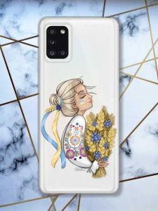 Прозорий чохол на Samsung A31 патріотичний дизайн Українка з колосками принт 173