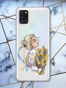 Прозорий чохол на Samsung Galaxy A21s патріотичний дизайн Українка з колосками принт 173