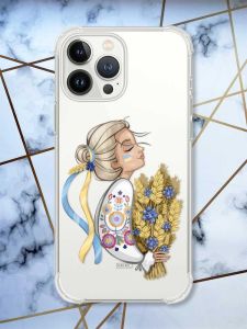 Прозорий чохол із потовщеними кутами на iPhone 14 Pro патріотичний дизайн Українка з колосками принт 173