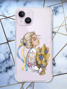 Прозорий чохол із потовщеними кутами на iPhone 14 патріотичний дизайн Українка з колосками принт 173