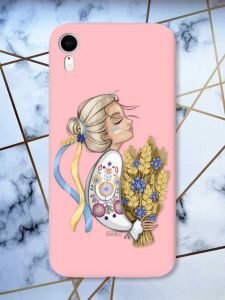 Матовий рожевий чохол на Apple iPhone XR патріотичний дизайн Українка з колосками принт 173