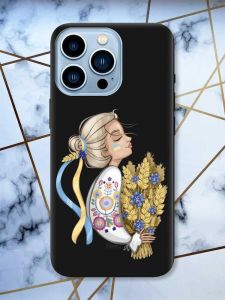 Матовий чорний чохол на Apple iPhone 13 Pro Max патріотичний дизайн Українка з колосками принт 173
