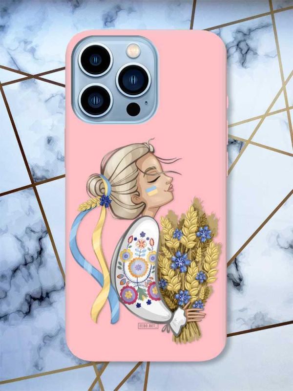 Матовий рожевий чохол на Apple iPhone 13 Pro Max патріотичний дизайн Українка з колосками принт 173