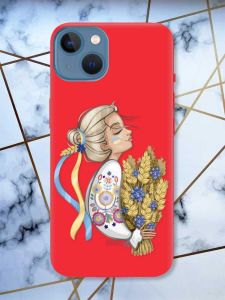 Матовий червоний чохол на Apple iPhone 13 патріотичний дизайн Українка з колосками принт 173