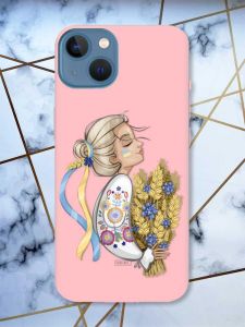 Матовий рожевий чохол на Apple iPhone 13 патріотичний дизайн Українка з колосками принт 173