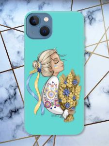 Матовий бірюзовий чохол на Apple iPhone 13 патріотичний дизайн Українка з колосками принт 173