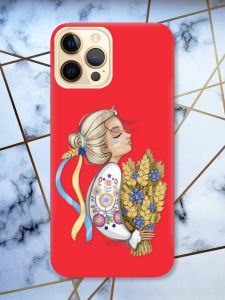Матовий червоний чохол на Apple iPhone 12 Pro Max патріотичний дизайн Українка з колосками принт 173