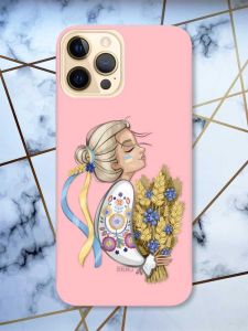 Матовий рожевий чохол на Apple iPhone 12 Pro Max патріотичний дизайн Українка з колосками принт 173