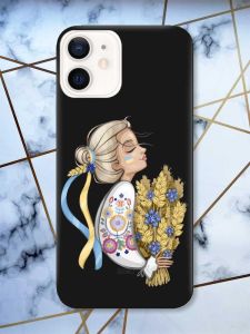 Матовий чорний чохол на Apple iPhone 12 / 12 Pro (6.1) патріотичний дизайн Українка з колосками принт 173