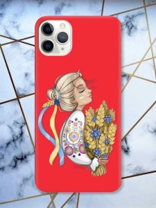 Матовий червоний чохол на iPhone 11 Pro Max (6.5) патріотичний дизайн Українка з колосками принт 173