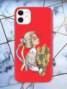 Матовий червоний чохол на Apple iPhone 11 (6.1) патріотичний дизайн Українка з колосками принт 173