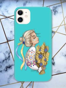 Матовий бірюзовий чохол на Apple iPhone 11 (6.1) патріотичний дизайн Українка з колосками принт 173