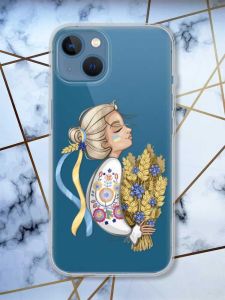 Прозорий чохол на Apple iPhone 13 патріотичний дизайн Українка з колосками принт 173