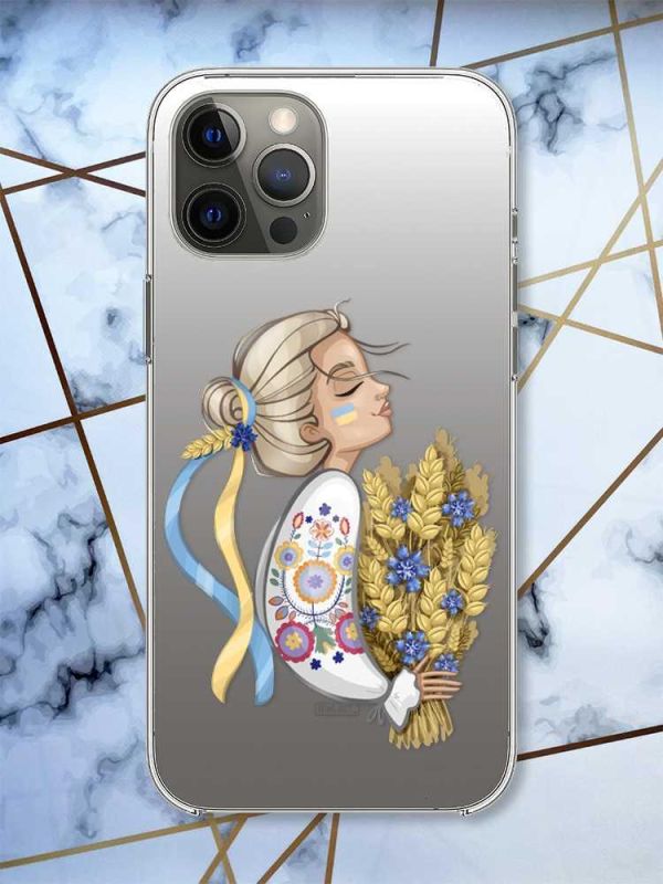 Прозорий чохол на iPhone 12 Pro Max патріотичний дизайн Українка з колосками принт 173