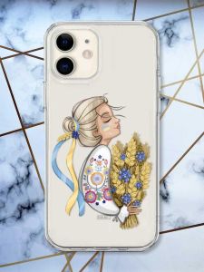 Прозорий чохол на iPhone 12 mini патріотичний дизайн Українка з колосками принт 173