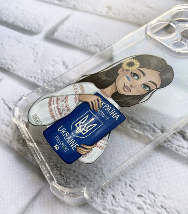 Патріотичний чохол з потовщеними кутами на iPhone 14 Pro Українка з паспортом принт 12