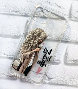 Прозорий чохол із потовщеними кутами на iPhone 14 дизайн Дівчина з кавою принт 114