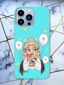 Матовий бірюзовий чохол на iPhone 13 Pro Max патріотичний дизайн Українка з солодощами (принт 175)