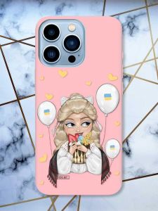 Матовий рожевий чохол на Apple iPhone 13 Pro Max патріотичний дизайн Українка з солодощами (принт 175)