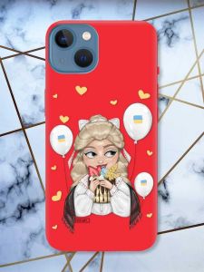 Матовий червоний чохол на Apple iPhone 13 патріотичний дизайн Українка з солодощами (принт 175)