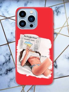 Матовий червоний чохол на Apple iPhone 13 Pro Max Дівчина з газетою (принт 31)