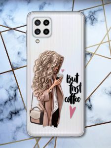 Прозорий чохол Samsung Galaxy M32 / M22 / A22 4G Дівчина з кавою (принт 114)