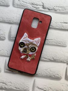 Силіконовий чохол із тканинною вишивкою на Samsung Galaxy A8 Plus 2018 A730 Собака на рожевому