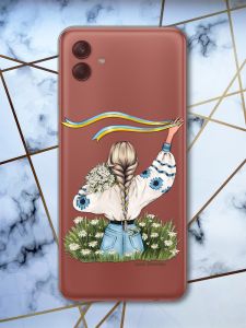 Прозорий чохол на Samsung Galaxy A04 Дівчина зі стрічкою (патріотичний принт 17)