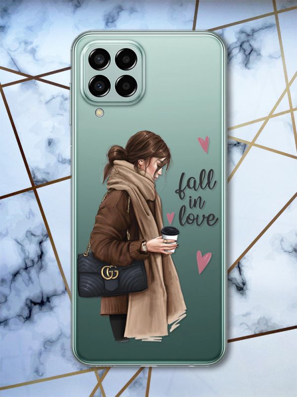Прозорий чохол на Samsung Galaxy M33 5G Дівчина з кавою (принт 112)