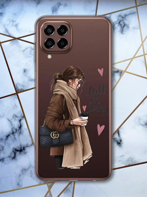 Прозорий чохол на Samsung Galaxy M33 5G Дівчина з кавою (принт 112)