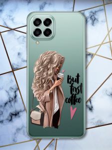 Прозорий чохол на Samsung Galaxy M33 5G Дівчина з кавою (принт 114)