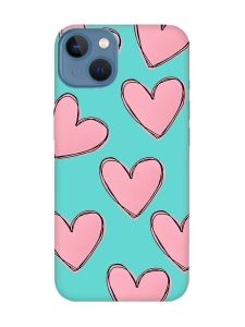 Матовий бірюзовий чохол на Apple iPhone 13 Сердечка рожеві (принт 78)