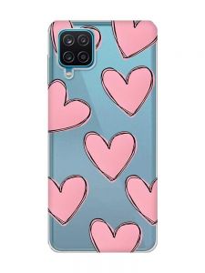 Прозорий чохол на Samsung A12 4G Сердечка рожеві (принт 78)