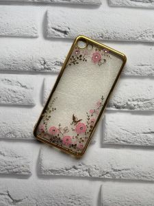 Силіконовий чохол із золотим обідком та малюнком для Meizu U10 Золотий та рожеві квіти