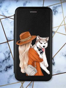 Чохол-книжка з малюнком для Samsung Galaxy A03s Чорний; Дівчина з песиком (принт 115)