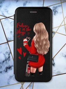 Чохол-книжка з малюнком для Samsung Galaxy A22 4G/M22/M32 Чорний; Дівчина з кавою (принт 137)