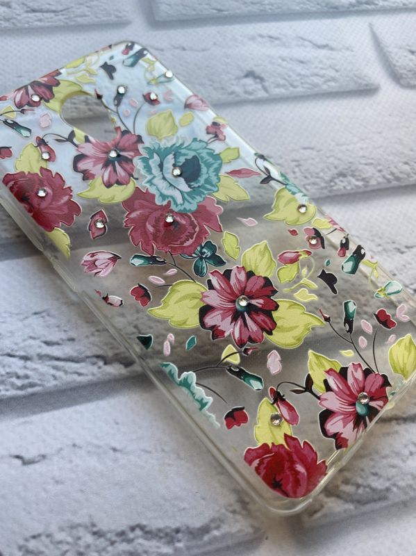 Силіконовий прозорий чохол з камінням Meizu M5c :: Червоні і зелені піони