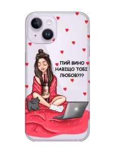 Прозорий чохол із захистом камери на iPhone 14 Дівчина з вином (принт 219)