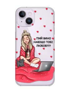 Прозорий чохол із захистом камери на iPhone 14 Дівчина з вином (принт 220)