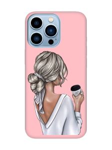 Матовий рожевий чохол на Apple iPhone 13 Pro Max Дівчина з латте (принт 227)