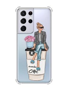 Чохол з потовщеними кутами на Samsung Galaxy S21 Ultra :: Дівчина на каві (принт 228)