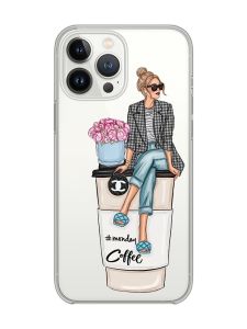 Прозорий чохол із захистом камери на iPhone 14 Pro :: Дівчина на каві (принт 228)