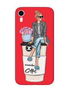 Матовий червоний чохол на Apple iPhone XR Дівчина на каві (принт 228)