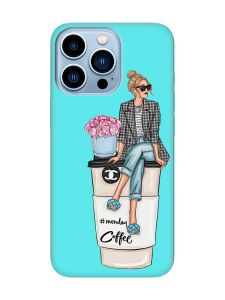Матовий бірюзовий чохол на Apple iPhone 13 Pro Max Дівчина на каві (принт 228)