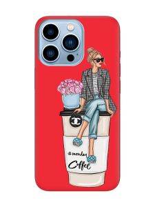 Матовий червоний чохол на Apple iPhone 13 Pro Max Дівчина на каві (принт 228)