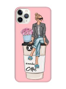 Матовий рожевий чохол на iPhone 11 Pro (5.8) Дівчина на каві (принт 228)