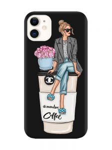 Матовий чорний чохол на Apple iPhone 11 (6.1) Дівчина на каві (принт 228)